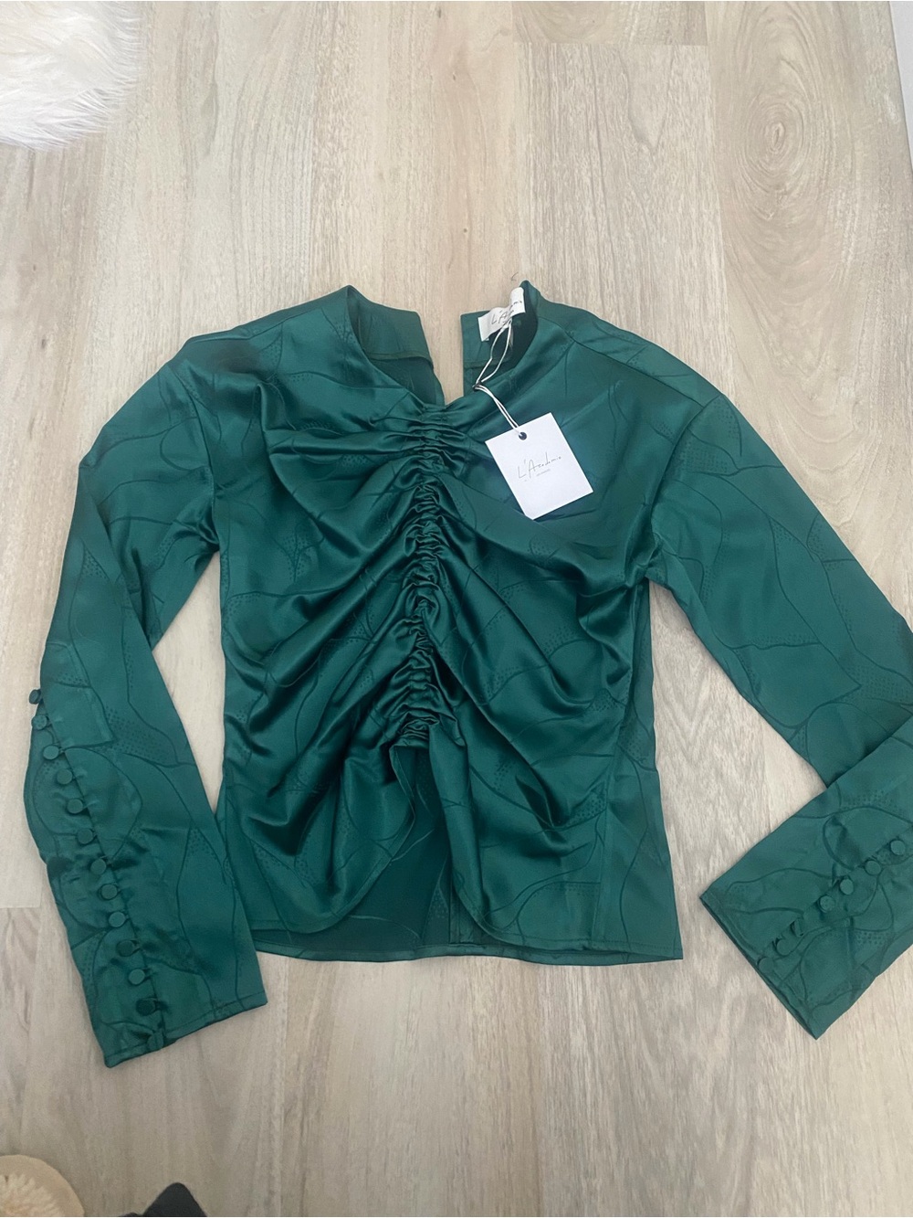 L'Academie Emerald Green Ruched Long-Sleeve Top XXS NWT